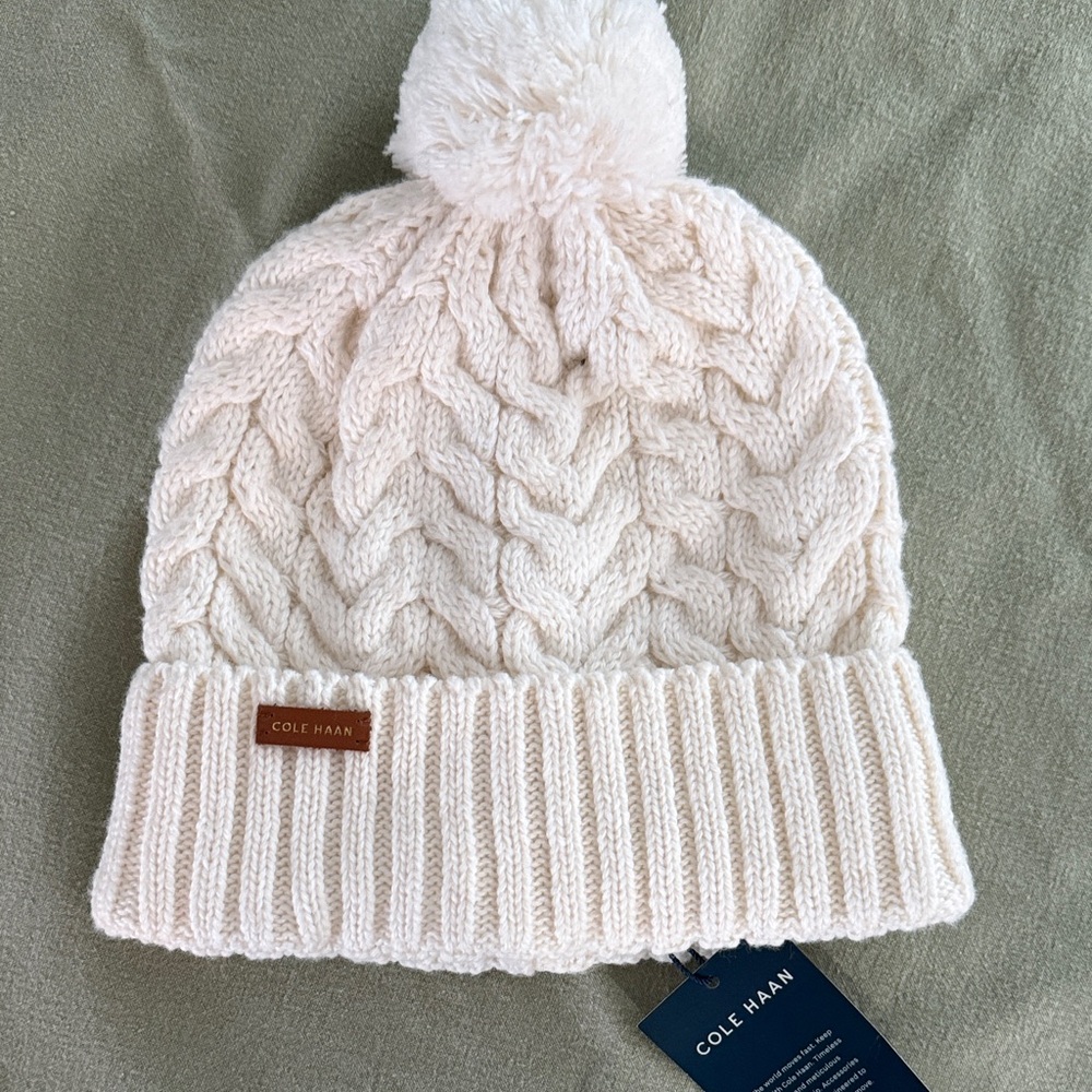 Cole Haan Ivory Cable Knit Beanie with Pom-Pom
